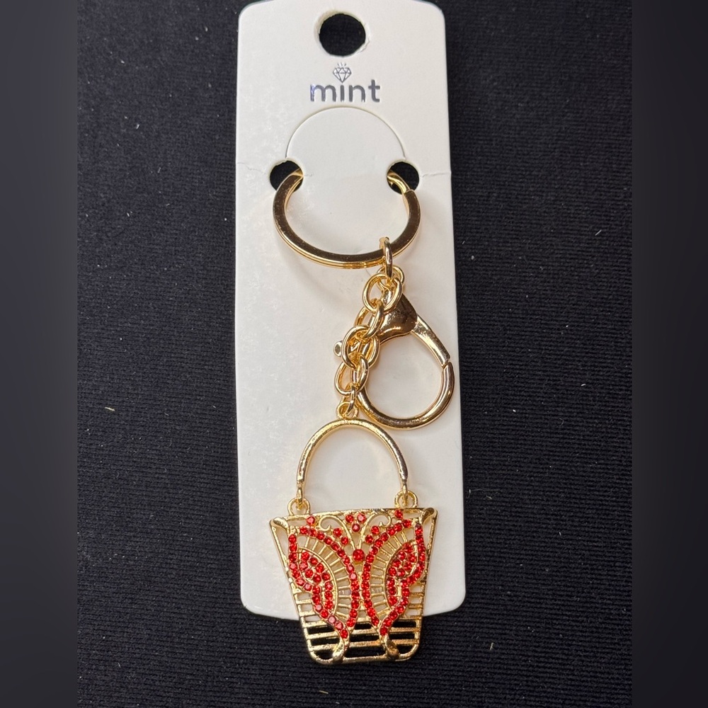 BAG CHARM Mint Gold and Red Crystal Butterfly Tote Bag Purse Keychain